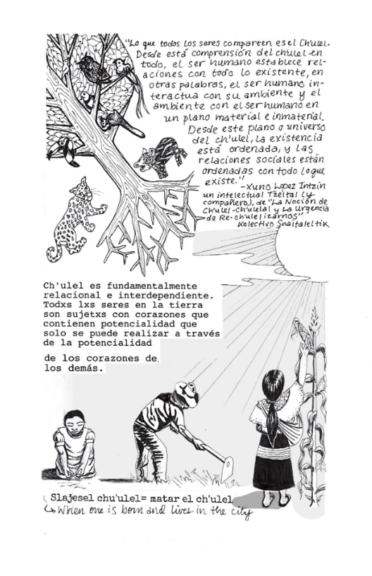 "0 gut tocbs Los seres compareen esel Chuiel. Desde esed comprension del chial<n LAD) “toclo, el ser taumano establece ret- BIW sciones con todo Lo existente,en Gtras patabras, el ser Aumans in- teractua con su ambiente y 2l smbiente con elserhumand en un plano material ¢ inmatenal, Desde €ste planc o universs el chulel, 13 existencia eeed ordenade, y Las Felaciones soctales eskin ordenadas con todo Logut  te.’! 7 existe s 1o Tain St ol emiista) s v Urgenca  Ch’ulel es fundamentalmente relacional e interdependiente. Todxs 1xs seres en la tierra son sujetxs con corazones que contienen potencialidad que s0lo se puede realizar a través de la potencialidad  de los corazones de los demds.  Slajesel chu’ulel= matar el ch’ule! O Whnan ene iS bewn and Wres- in g ¢ Ty  